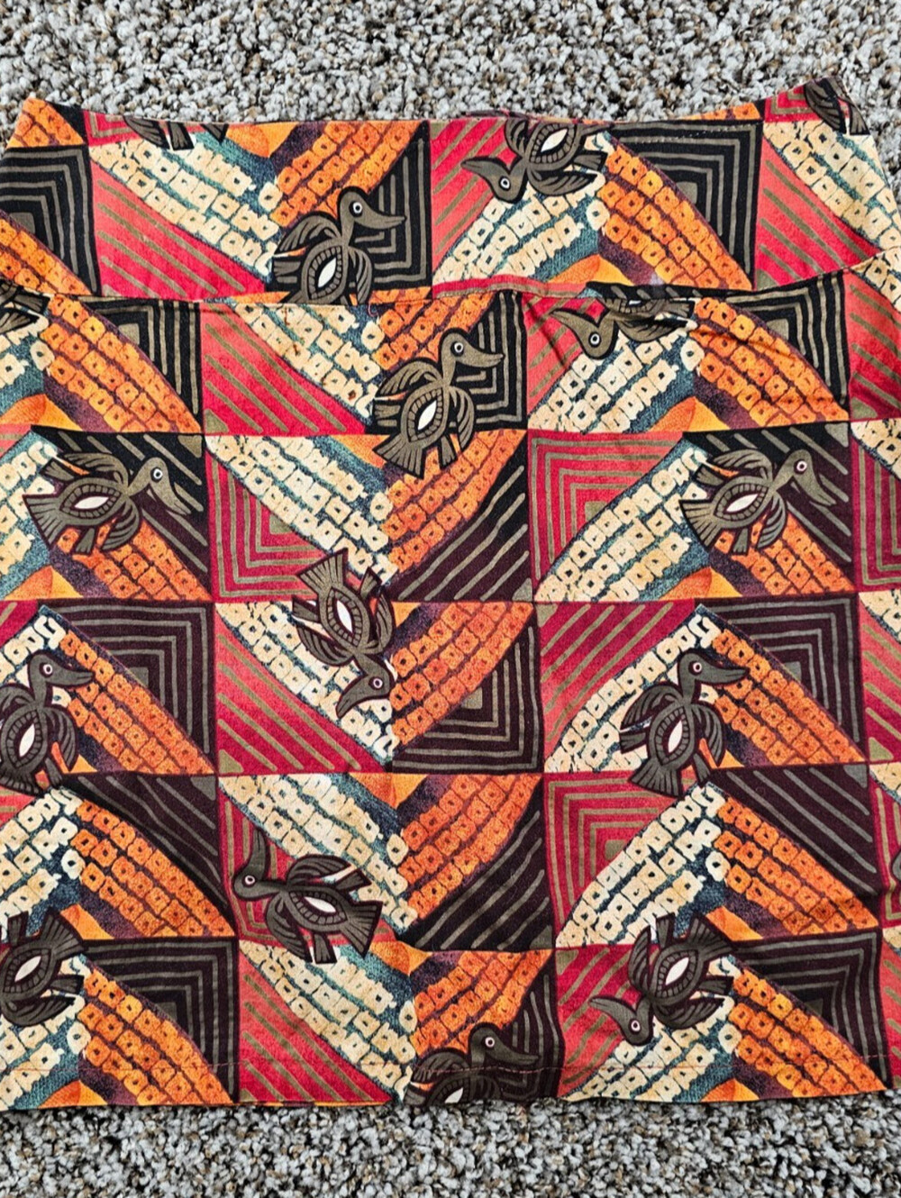 Vintage 1990s Womens Sz S Mini Skirt Ankara Fabric Duck Print Red Orange Tribal